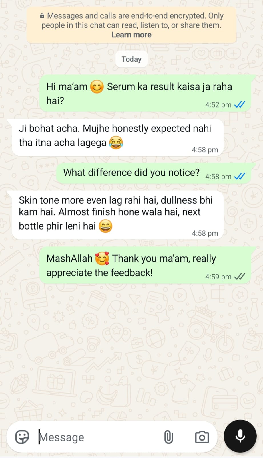 WhatsApp customer review about a more even skin tone, less dullness and buying another bottle