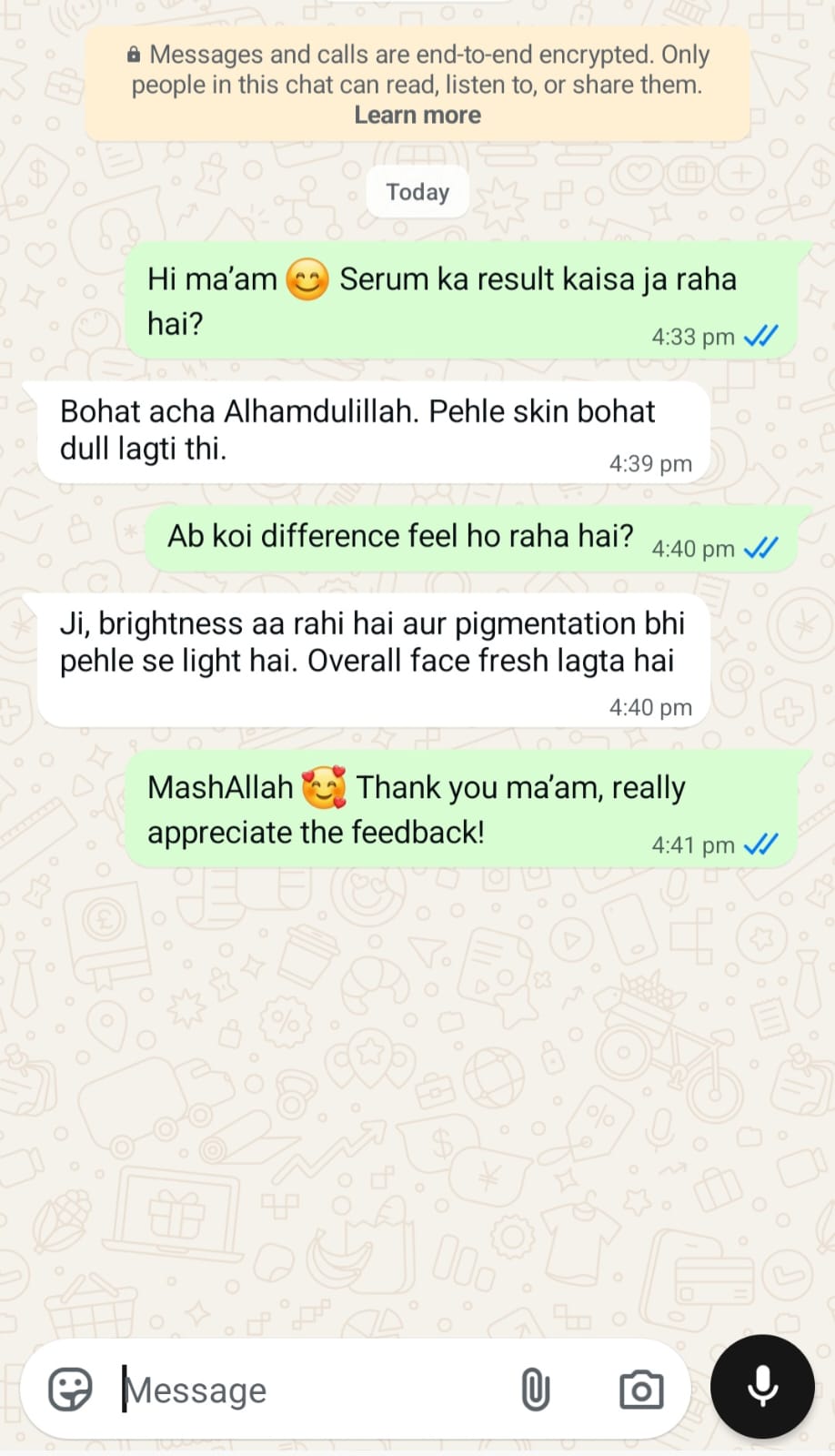 WhatsApp customer review of Safora Vitamin C serum