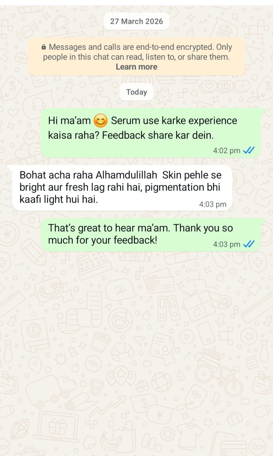 WhatsApp customer review of Safora Vitamin C serum