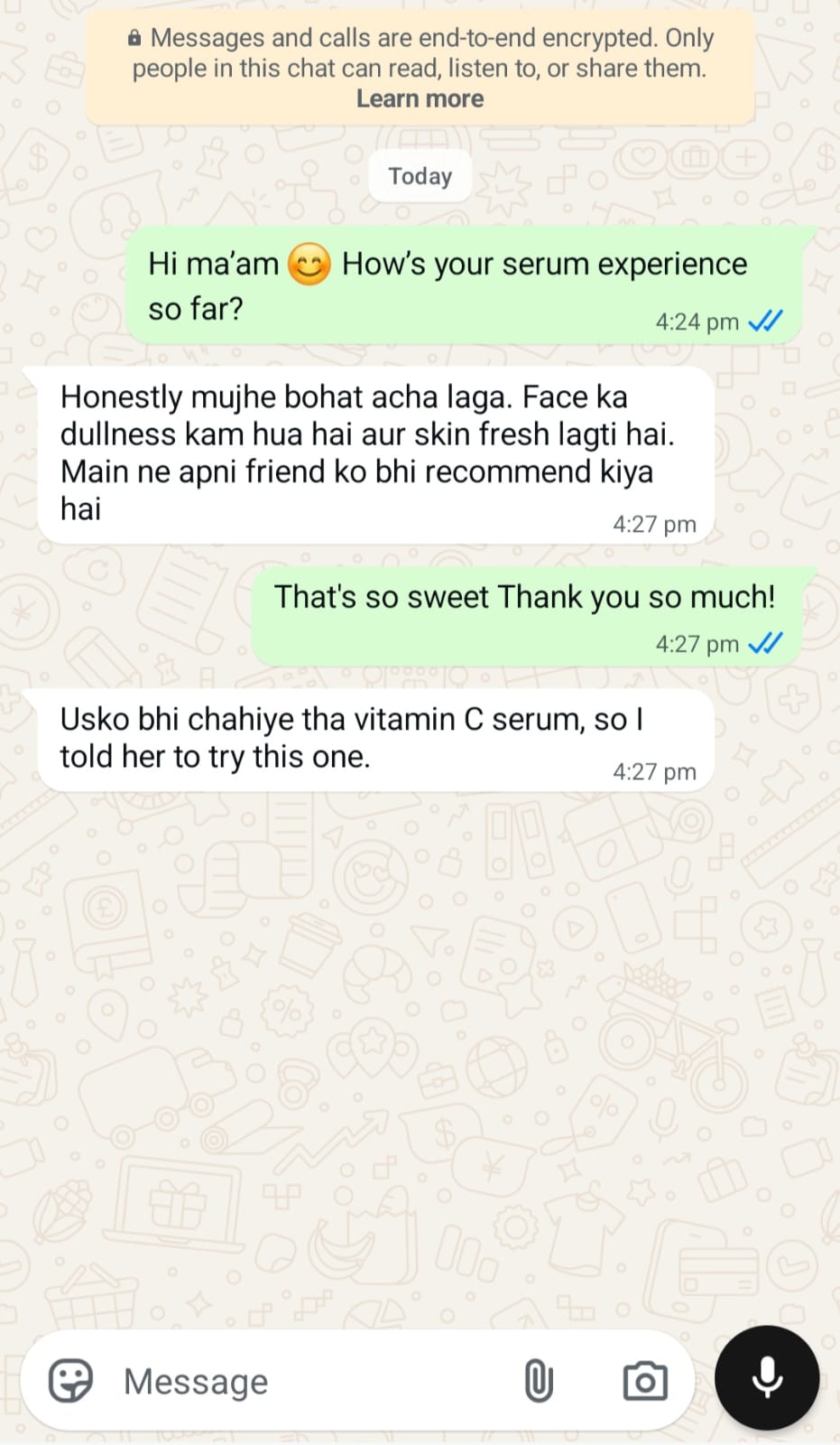 WhatsApp customer review of Safora Vitamin C serum