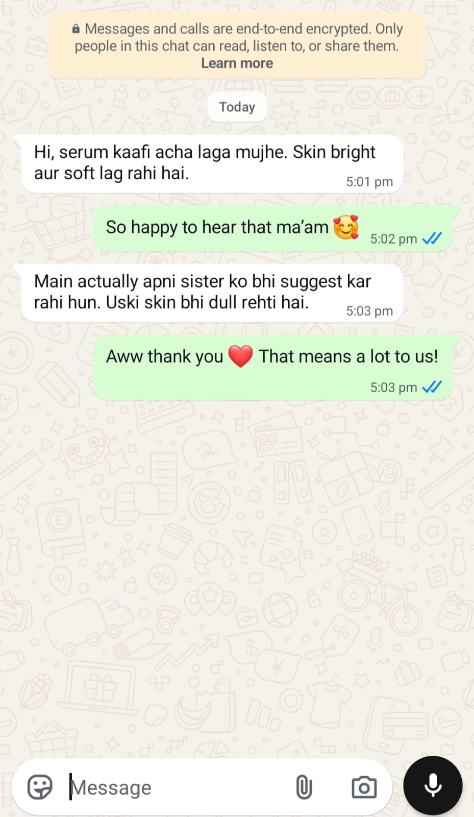 WhatsApp customer review of Safora Vitamin C serum