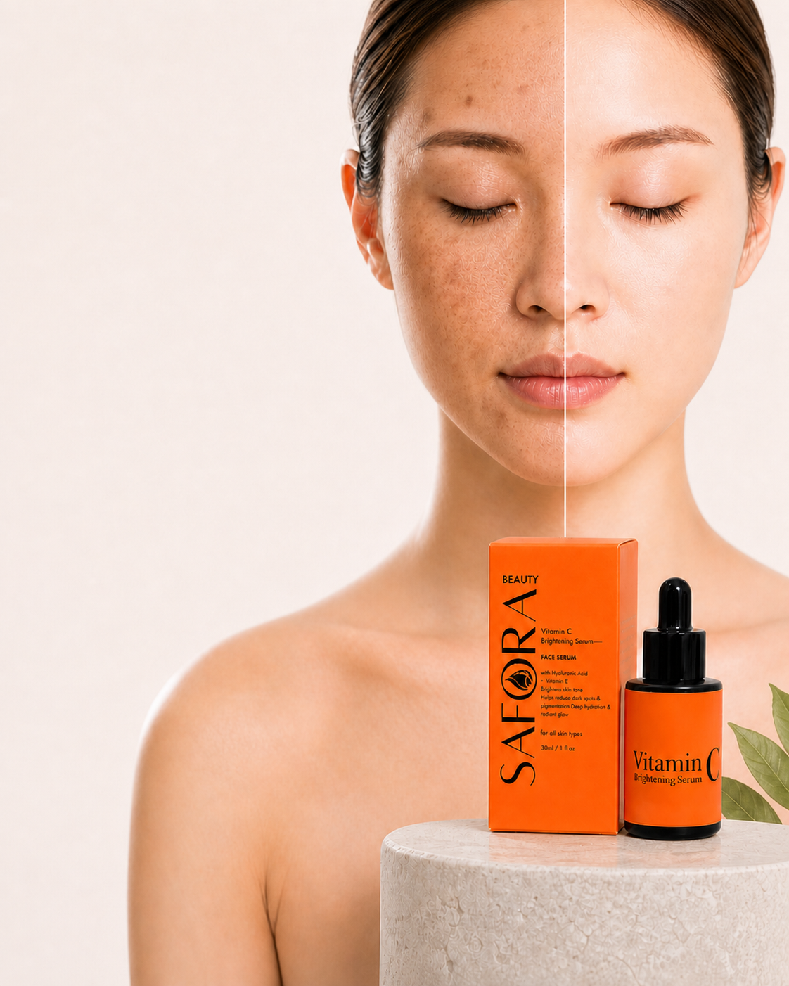 Natural before and after skin comparison with Safora Vitamin C serum